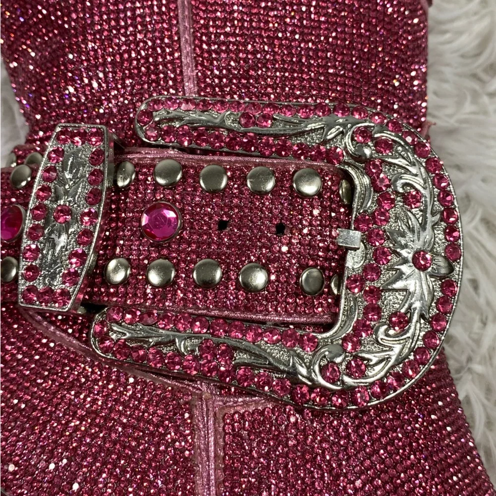 CLUB EXX Pink Sheriff Shine Rhinestone Cowboy Boots Ankle Booties Heeled Size 8 - Picture 7 of 13